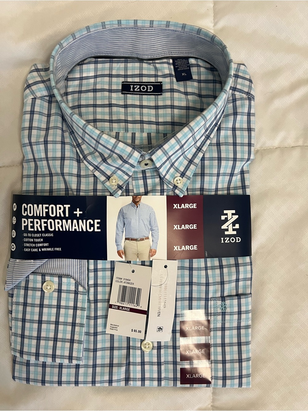 Izod Men’s Light Blue and White Plaid Button-Down Shirt